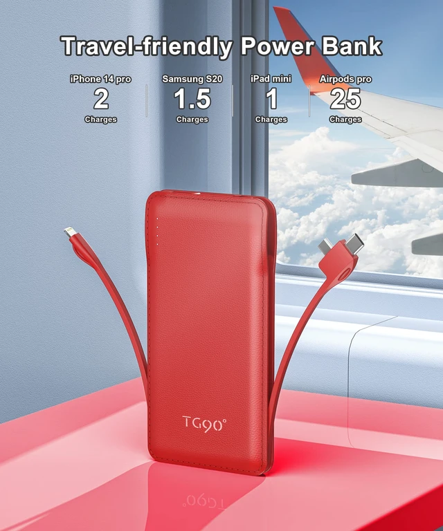 Alt view image 6 of 6 - TG90° 10000mAh Slim Portable Charger with Built in Cable,Red | Pocket Size,Mini Power Bank, Travel External Battery Pack for Phone, 4 Output, USB-C Cord, Compatible with iPhone, Samsung