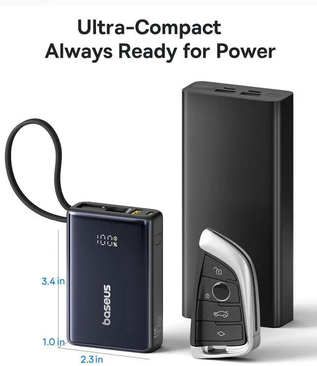 Alt view image 2 of 7 - Baseus Power Bank, Picogo 10000mAh 45W 3-Output Portable Charger with Built-in USB-C Cable, PPS/PD QC Fast Charging External Battery Pack for iPhone 17/16/15/14/13, Samsung S25/S24, MacBook Pro, iPad