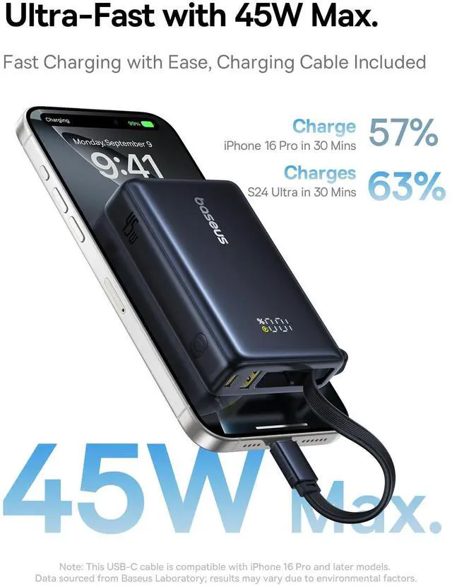Alt view image 3 of 7 - Baseus Power Bank, Picogo 10000mAh 45W 3-Output Portable Charger with Built-in USB-C Cable, PPS/PD QC Fast Charging External Battery Pack for iPhone 17/16/15/14/13, Samsung S25/S24, MacBook Pro, iPad