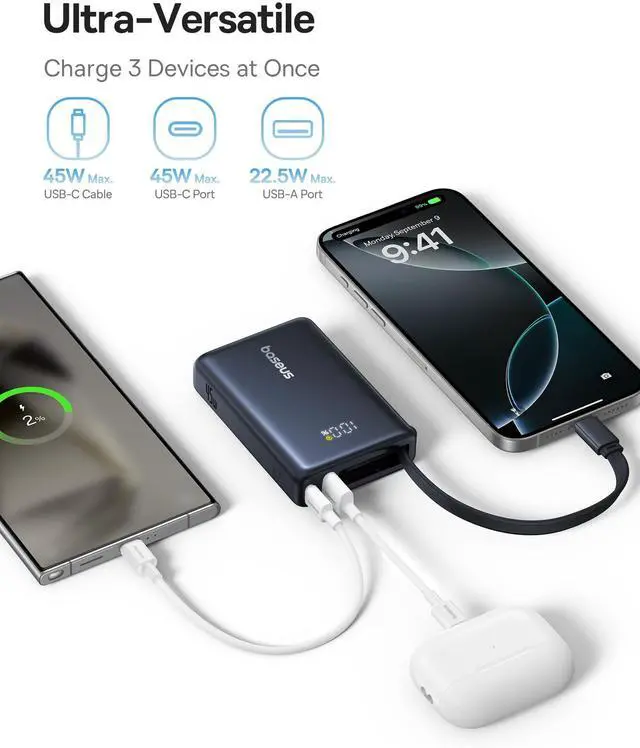 Alt view image 4 of 7 - Baseus Power Bank, Picogo 10000mAh 45W 3-Output Portable Charger with Built-in USB-C Cable, PPS/PD QC Fast Charging External Battery Pack for iPhone 17/16/15/14/13, Samsung S25/S24, MacBook Pro, iPad