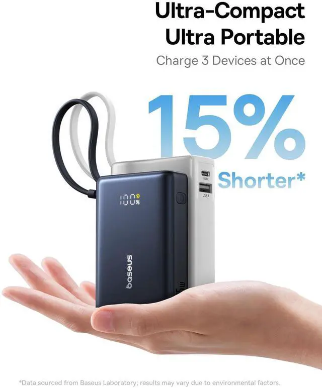 Alt view image 6 of 7 - Baseus Power Bank, Picogo 10000mAh 45W 3-Output Portable Charger with Built-in USB-C Cable, PPS/PD QC Fast Charging External Battery Pack for iPhone 17/16/15/14/13, Samsung S25/S24, MacBook Pro, iPad