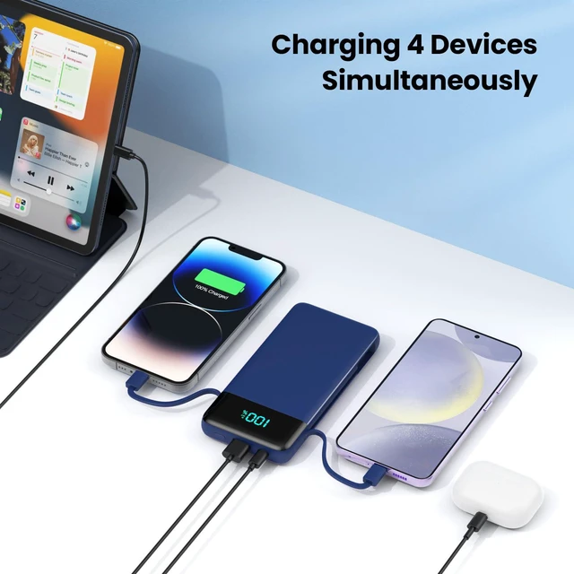 Alt view image 7 of 7 - Portable Charger for iPhone with Built in Cables and Wall Plug,Upgraded 13800mAh Fast Charging USB C Power Bank,4 Outputs Travel Essential Battery Pack Compatible with iPhone 17/16/15/14,Galaxy-Blue