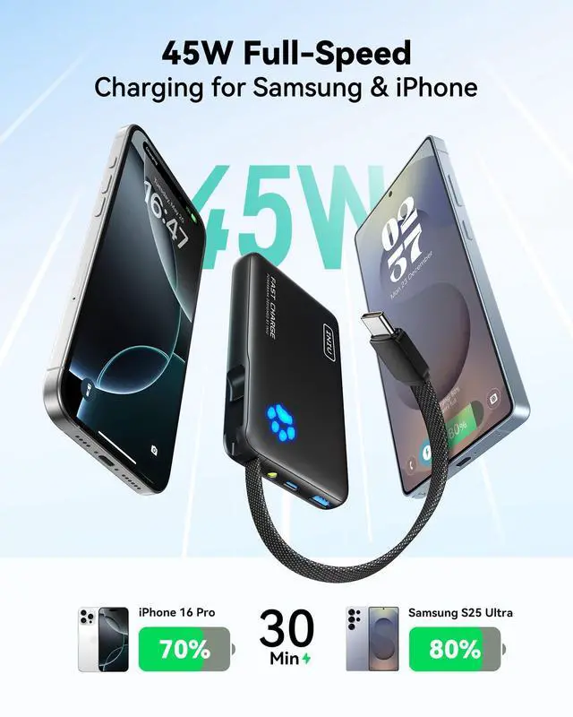 Alt view image 2 of 7 - INIU 45W Power Bank, Fast Charging Portable Charger with Built-in USB C Cable, 10000mAh Small Type C Powerbank, Battery Pack for iPhone 17 16 15 14, iPad, Samsung S25 S24 etc Travel Camping Essentials