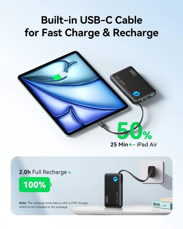 Alt view image 4 of 7 - INIU 45W Power Bank, Fast Charging Portable Charger with Built-in USB C Cable, 10000mAh Small Type C Powerbank, Battery Pack for iPhone 17 16 15 14, iPad, Samsung S25 S24 etc Travel Camping Essentials