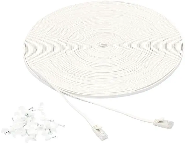 Main image of Amazon Basics Cat 6 Ethernet RJ45 10Gbps Flat Cable 100 ft Outdoor&Indoor White Solid Patch Cord with Clips for Router, Modem, PS4/5, Xbox, Gaming, Computer Network for High Speed LAN Internet