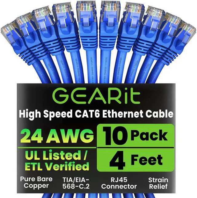Main image of GEARit Cat 6 Ethernet Cable Pack - 10-Pack 4 ft Cat6 Ethernet Patch Cables | RJ45 Network Patch Cable, 10 Gbps Snagless Gold-Plated Connectors - Ethernet Cable Cat 6 for PC, TV, Router - Blue