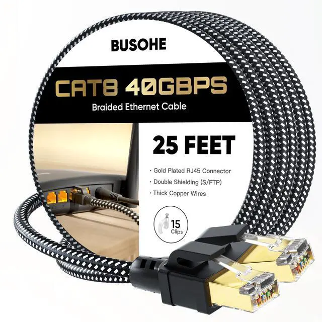 Main image of BUSOHE Cat 8 Ethernet Cable 25 FT, High Speed 40Gbps 2000Mhz Braided Network Internet Cable with Gold Plated RJ45 Connector, Heavy Duty LAN Cable S/FTP UV Resistant for Router/Gaming/PC, 15 Clips