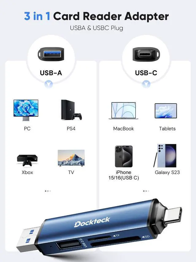 Alt view image 5 of 7 - Dockteck SD Card Reader Adapter, 5G Super Speed USB3.0 SD/TF Card Reader, 3-Slot USB A/C to SD/Micro SD/USB A Memory Card Reader for UHS-I SD/Micro SD/SDHC/SDXC/MMC, with OTG for Plug&Play