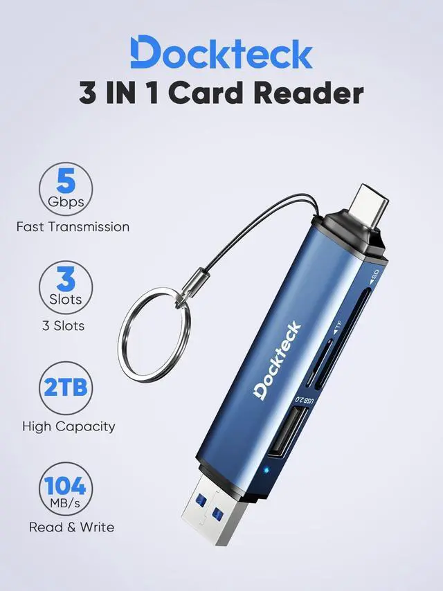 Alt view image 7 of 7 - Dockteck SD Card Reader Adapter, 5G Super Speed USB3.0 SD/TF Card Reader, 3-Slot USB A/C to SD/Micro SD/USB A Memory Card Reader for UHS-I SD/Micro SD/SDHC/SDXC/MMC, with OTG for Plug&Play