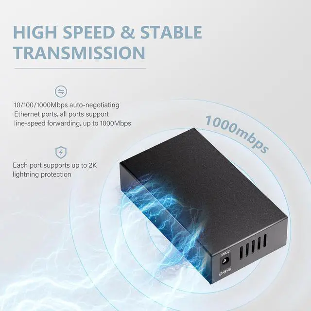 Alt view image 5 of 7 - Bliyee 5-Port Gigabit Ethernet Switch, Unmanaged Home Network Switch Hub, Ethernet Splitter | Auto-Sensing Ports | Plug-and-Play | Silent Operation | Black Metal Case | Limited Lifetime Protection