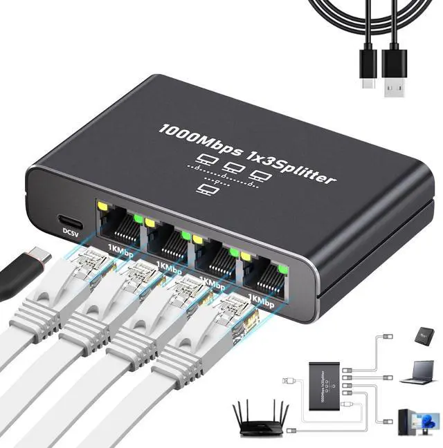 Main image of Aufloag Gigabit Ethernet Splitter 1 to 3 - 1000Mbps RJ45 Port Multiplier with USB-C Power, Plug & Play Network Switch for Cat5/5e/6/7/8 Cables, High Speed LAN Switch 1 in 3 Out for PC Laptop AP