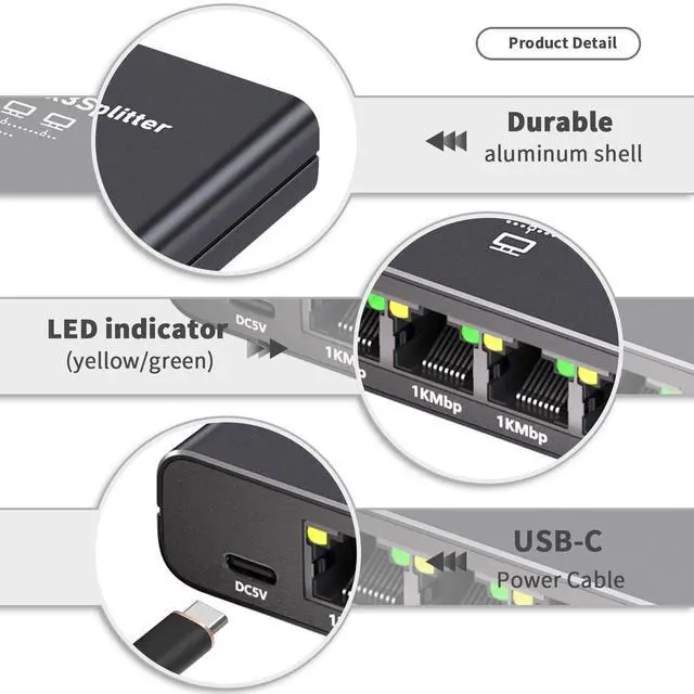 Alt view image 2 of 7 - Aufloag Gigabit Ethernet Splitter 1 to 3 - 1000Mbps RJ45 Port Multiplier with USB-C Power, Plug & Play Network Switch for Cat5/5e/6/7/8 Cables, High Speed LAN Switch 1 in 3 Out for PC Laptop AP