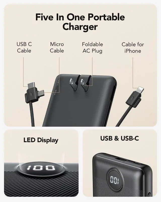 Alt view image 2 of 7 - Portable Charger,Power Bank Built-in Cables and AC Wall Plug,VRURC USB C Portable Bank 10000mAh,Travel Essentials Phone Charger Compact Lightweight External Battery Pack for Smart Phones,Tablets-Black