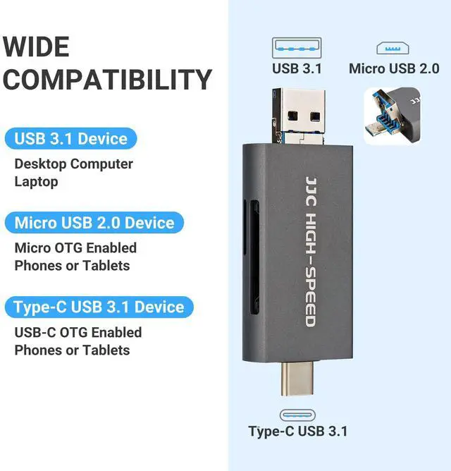 Alt view image 2 of 7 - JJC UHS-II SD Micro SD 4.0 Card Reader Adapter, 3-in-1 USB-A 3.1 USB-C 3.1 Micro USB 2.0 Connection Port, High Transfer Speed up to 312MB/s, Compatible with Computer, Laptop, OTG Enable Phone & Tablet