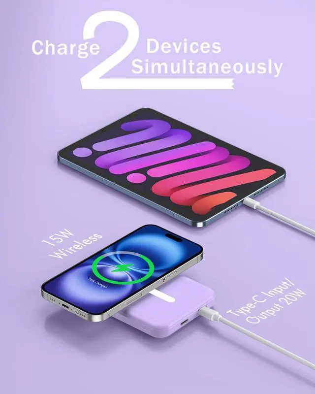 Alt view image 5 of 7 - podoru for Magsafe Battery Pack, 5000mAh Magnetic Power Bank with Type-C Cable 20W PD Fast Charging Lighting Input Wireless Portable Charger for iPhone iPhone 17/16/15/14/13/12/ All Series-Purple