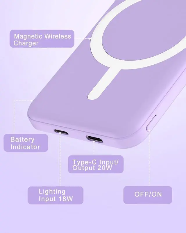 Alt view image 6 of 7 - podoru for Magsafe Battery Pack, 5000mAh Magnetic Power Bank with Type-C Cable 20W PD Fast Charging Lighting Input Wireless Portable Charger for iPhone iPhone 17/16/15/14/13/12/ All Series-Purple