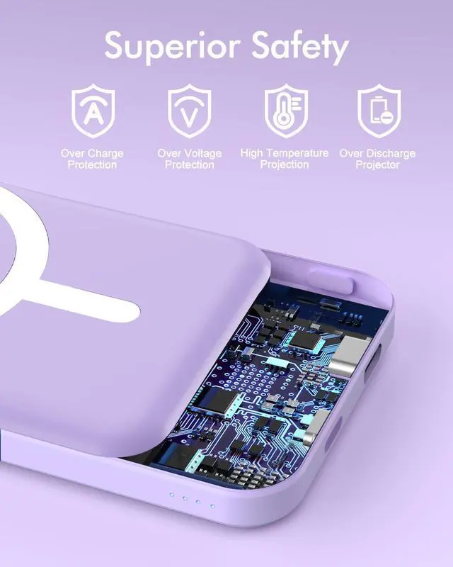 Alt view image 7 of 7 - podoru for Magsafe Battery Pack, 5000mAh Magnetic Power Bank with Type-C Cable 20W PD Fast Charging Lighting Input Wireless Portable Charger for iPhone iPhone 17/16/15/14/13/12/ All Series-Purple