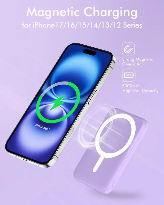 Alt view image 3 of 7 - podoru for Magsafe Battery Pack, 5000mAh Magnetic Power Bank with Type-C Cable 20W PD Fast Charging Lighting Input Wireless Portable Charger for iPhone iPhone 17/16/15/14/13/12/ All Series-Purple