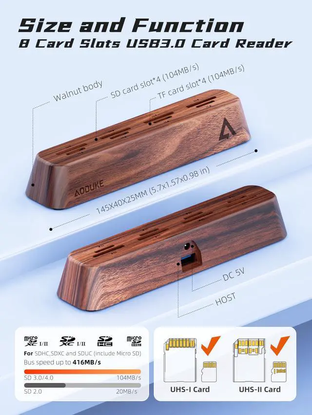 Alt view image 7 of 7 - AODUKE 8-Port USB 3.0 SD Card Reader, Walnut Wood Design 5Gbps Data, Simultaneous Support to Micro SD/TF3.0 and SD3.0 Card Read and Write (Compatible UHS-I/II Card)-AST43M