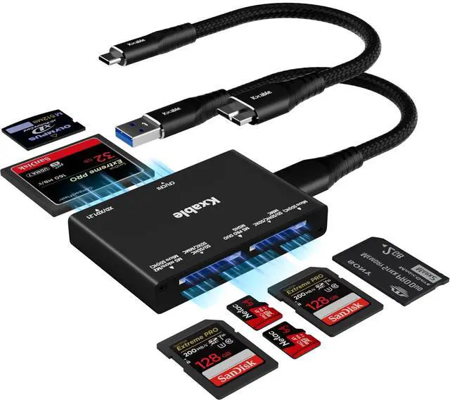 Main image of SD Card Reader 7 in 1, Kxable USB 3.0 Memory Card Reader/Writer 5Gbps, for SD/Micro SD/MS/CF/MMC/XD/SDHC/SDXC Camera Memory Card, Reader for Mac OS, Windows, Linux- with 2 USB A/C to Micro 3.0 Cables