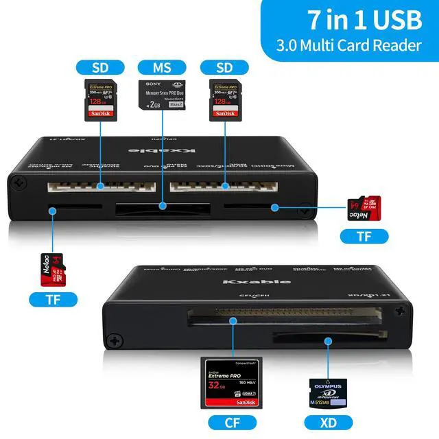 Alt view image 2 of 7 - SD Card Reader 7 in 1, Kxable USB 3.0 Memory Card Reader/Writer 5Gbps, for SD/Micro SD/MS/CF/MMC/XD/SDHC/SDXC Camera Memory Card, Reader for Mac OS, Windows, Linux- with 2 USB A/C to Micro 3.0 Cables