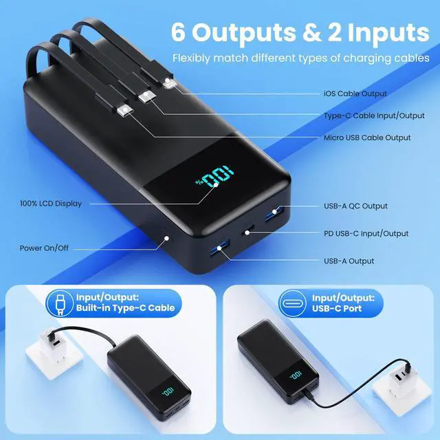 Alt view image 5 of 7 - Portable Charger 50800mAh Power Bank with 3 Built in Cables,25W PD QC4.0 Fast Charging USB C Battery Pack,6 Outputs 2 Inputs Travel Essentials Portable Phone Charger for iPhone 17/16/15,Google,Android