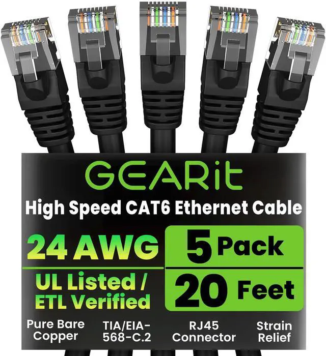 Main image of GEARit Cat 6 Ethernet Cable Pack - 5-Pack 20 ft Cat6 Ethernet Patch Cables | RJ45 Network Patch Cable, 10 Gbps Snagless Gold-Plated Connectors - Ethernet Cable Cat 6 for PC, TV, Router - Black