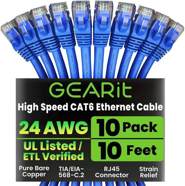 Main image of GEARit Cat 6 Ethernet Cable Pack - 10-Pack 10 ft Cat6 Ethernet Patch Cables | RJ45 Network Patch Cable, 10 Gbps Snagless Gold-Plated Connectors - Ethernet Cable Cat 6 for PC, TV, Router - Blue