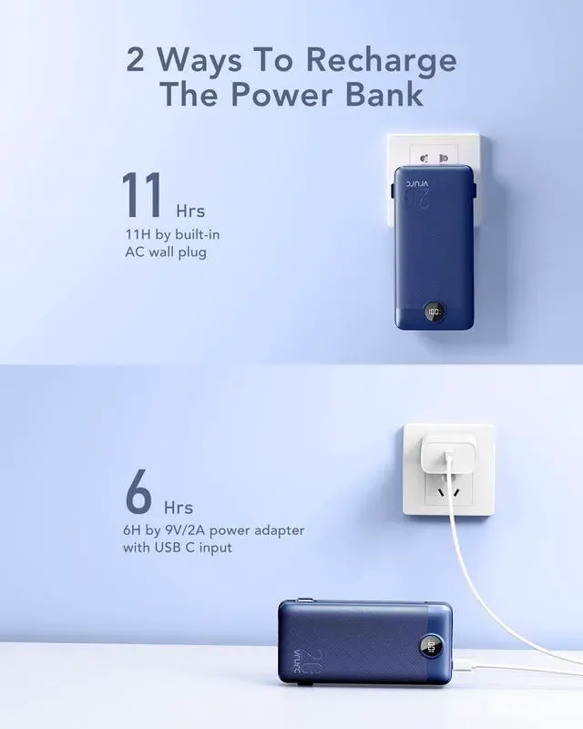 Alt view image 4 of 7 - VRURC Portable Charger 20000mAh, Fast Charging Power Bank USB C,4 Output 2 Input Travel Essentials Charging Bank Equipped with LED Display,Built-in Wall Plug and Cables,Phone Charger Battery,Navy