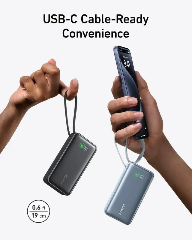 Alt view image 3 of 6 - Nano Power Bank, 10,000mAh Portable Charger with Built-in USB-C Cable, 30W Recharging, 30W Max Output with USB-C&A, for iPhone 17/16/15 Series, MacBook, Galaxy, AirPods, and More