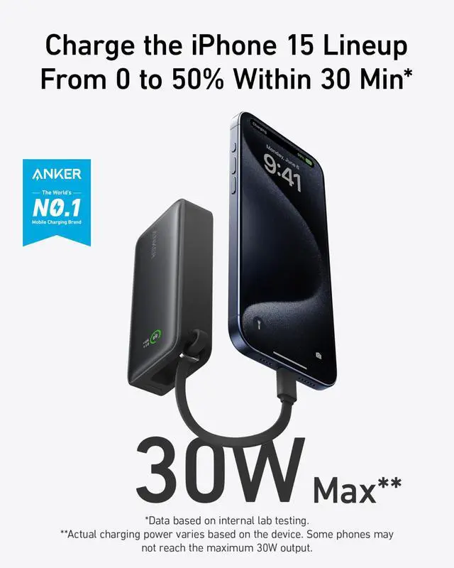 Alt view image 2 of 6 - Nano Power Bank, 10,000mAh Portable Charger with Built-in USB-C Cable, 30W Recharging, 30W Max Output with USB-C&A, for iPhone 17/16/15 Series, MacBook, Galaxy, AirPods, and More