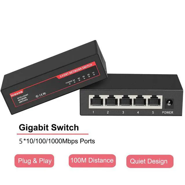 Alt view image 2 of 7 - ienRon 5 Ports Gigabit Network Switch, Supported Desktop or Wall Mount Plug and Play with AI Detection Unmanaged Tiny Ethernet Splitter Network Switch in Metal Case, Red / Black