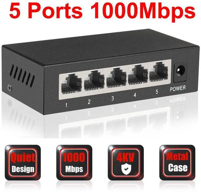 Alt view image 3 of 7 - ienRon 5 Ports Gigabit Network Switch, Supported Desktop or Wall Mount Plug and Play with AI Detection Unmanaged Tiny Ethernet Splitter Network Switch in Metal Case, Red / Black