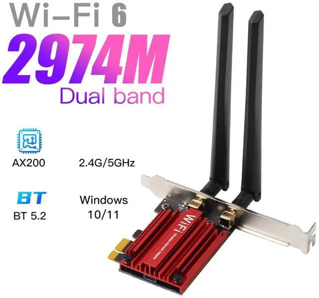 Alt view image 2 of 7 - AX200 WiFi 6 PCIe Desktop Wireless Adapter Card - 3000Mbps Dual Band with Bluetooth 5.2 for Gaming & PC | MU-MIMO, OFDMA | Windows 10/11 Compatible