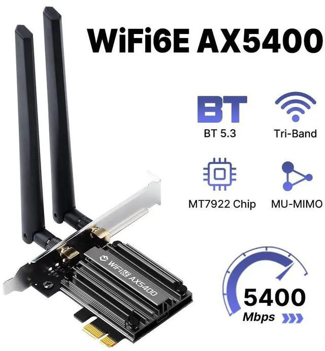 Alt view image 2 of 7 - FENVI PCIe WiFi 6E Card for Desktop PC, AX5400 Tri-Band PCIe Wireless Network Adapter with Bluetooth 5.3, WIFI6 MT7922 Chipset, WPA3, MU-MIMO, OFDMA,Low-Profile Bracket Compatible with Windows 10/11