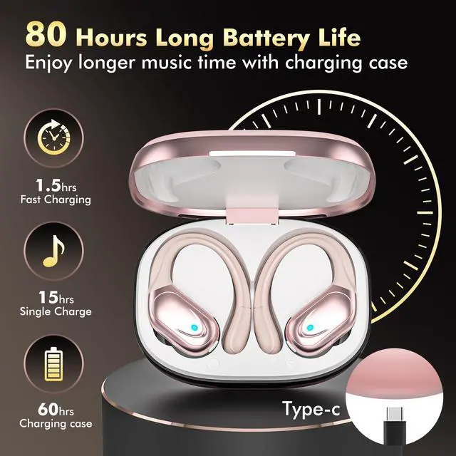 Alt view image 2 of 7 - HAOYUYAN Wireless Earbuds, Sports Bluetooth Headphones, 80Hrs Playtime Ear Buds with LED Power Display, Noise Canceling Headset, IPX7 Waterproof Earphones for Workout/RunningRose Gold