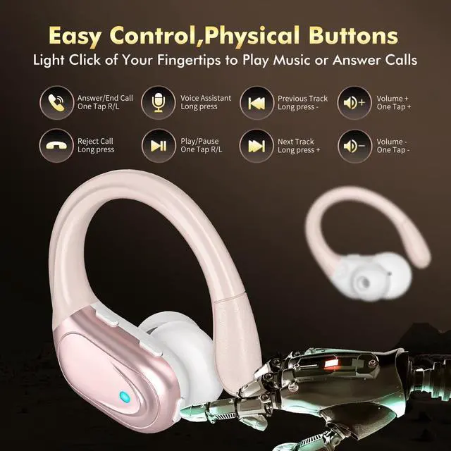 Alt view image 6 of 7 - HAOYUYAN Wireless Earbuds, Sports Bluetooth Headphones, 80Hrs Playtime Ear Buds with LED Power Display, Noise Canceling Headset, IPX7 Waterproof Earphones for Workout/RunningRose Gold