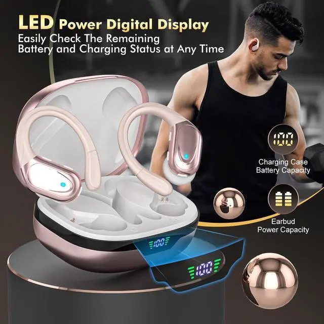 Alt view image 7 of 7 - HAOYUYAN Wireless Earbuds, Sports Bluetooth Headphones, 80Hrs Playtime Ear Buds with LED Power Display, Noise Canceling Headset, IPX7 Waterproof Earphones for Workout/RunningRose Gold