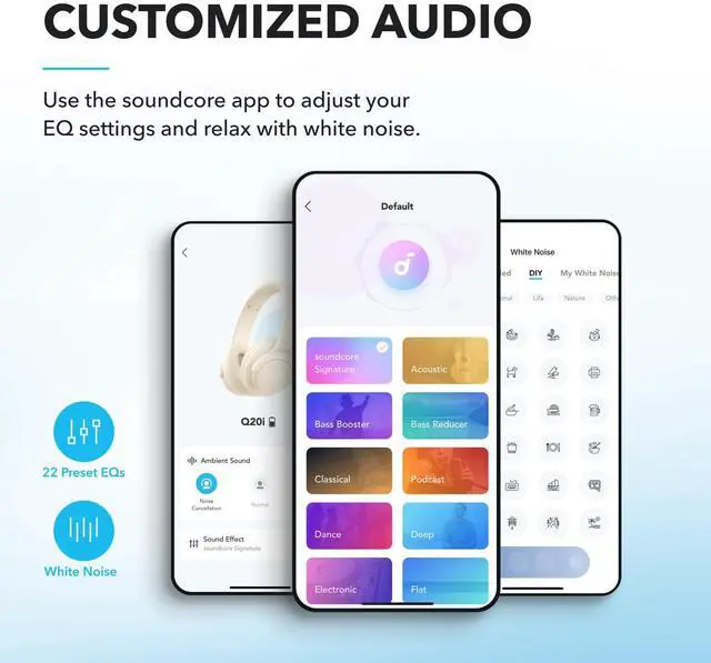 Alt view image 4 of 7 - by Anker Q20i Hybrid Active Noise Cancelling Headphones, Wireless Over-Ear Bluetooth, 40H Long ANC Playtime, Hi-Res Audio, Big Bass, Customize via an App, Transparency Mode (White)