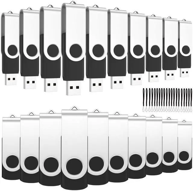 Main image of SOEWIOU Flash Drives 1GB 20 Pack, USB 2.0 Thumb Drive Bulk with Lanyards Swivel Memory Stick U Disk 1GB Pendrive USB Pack (Black)