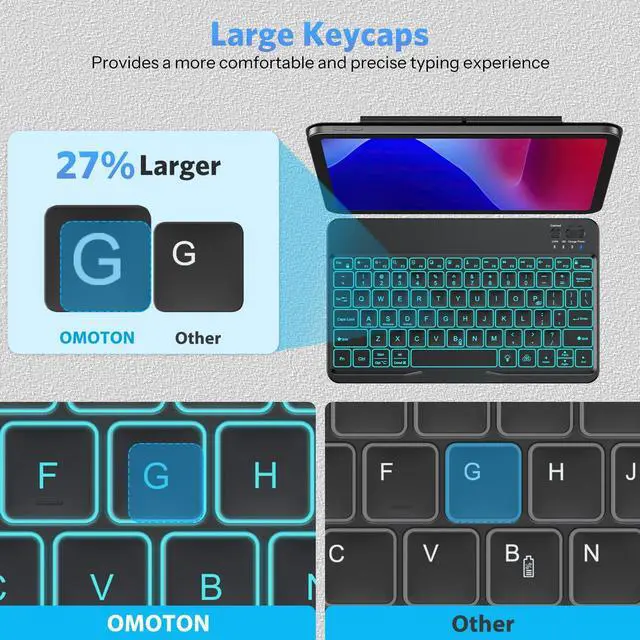 Alt view image 3 of 7 - OMOTON Bluetooth Keyboard for Tablet/Android/Windows/iOS, with 7 Colors Backlight Rechargeable Wireless Mini Keyboard for Galaxy Tab A9+ / S9 FE / S10 / S11 / A11 Series etc, Black