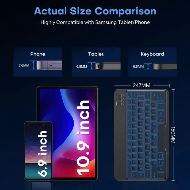 Alt view image 5 of 7 - OMOTON Bluetooth Keyboard for Tablet/Android/Windows/iOS, with 7 Colors Backlight Rechargeable Wireless Mini Keyboard for Galaxy Tab A9+ / S9 FE / S10 / S11 / A11 Series etc, Black