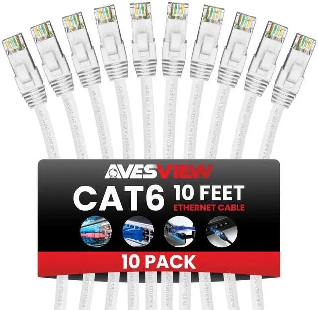 Main image of AvesView CAT 6 Ethernet Cable 10FT (10 Pack), Indoor High-Speed 10Gbps Snagless CAT6 10FT Ethernet Cable for Internet, Router, Computer, PlayStation, Xbox, POE Camera, Printer (White, 10FT)