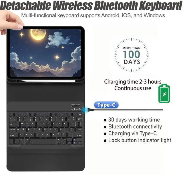 Alt view image 4 of 7 - Keyboard Case for Samsung Galaxy Tab S10 Lite / S10 FE / S9 FE / S9 10.9-11 inch - Mouse and Detachable Keyboard, Slim Protective Case (Black)