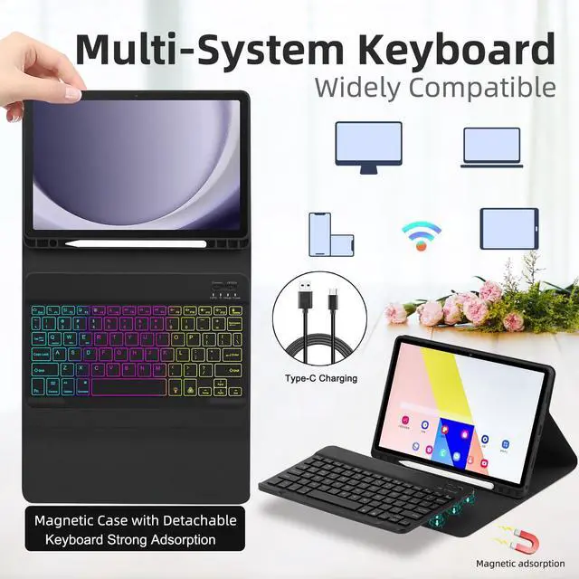 Alt view image 6 of 7 - EAMPANG Case with Keyboard Mouse for Samsung Galaxy Tab A9 Plus 11 inch (SM-X210/X215/X216/X218),7 Color Rainbow Backlight Detachable USB-C Keyboard Magnetic Case with Pen Slot for Tablet A9+ 5G Black