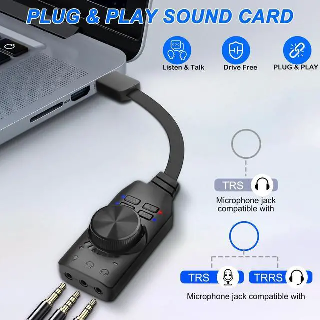 Alt view image 4 of 7 - External USB Sound Card Virtual 7.1 Surround Sound USB 2.0 Sound Card Adapter for PC with Volume Control, USB to 3.5mm Jack Audio Adapter Cable Plug and Play