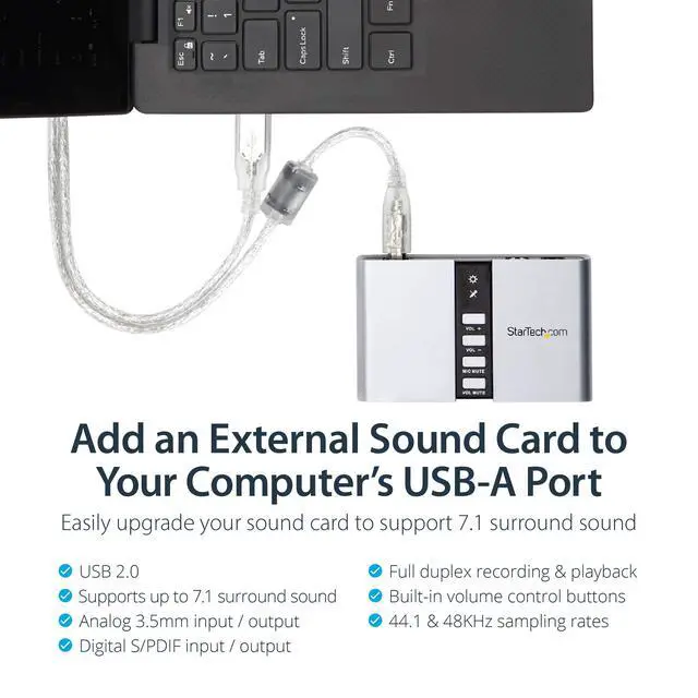 Alt view image 2 of 7 - 7.1 USB Sound Card - External Sound Card for Laptop with SPDIF Digital Audio - Sound Card for PC - Silver (ICUSBAUDIO7D)