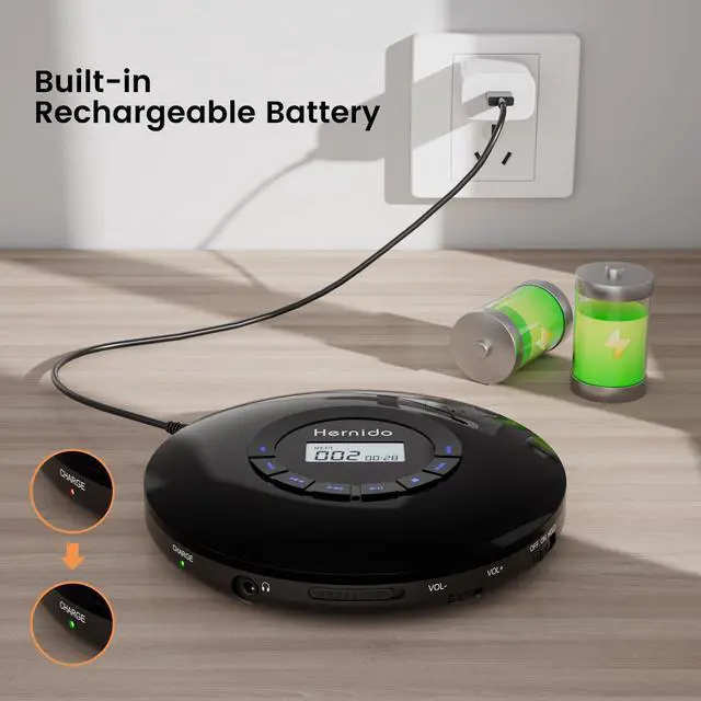 Alt view image 2 of 7 - Portable CD Player with Headphone, Hernido Rechargeable CD Player for car, Compact CD Walkman with 5 EQ Sounds, AUX Output, Anti-Skip, CD Player for Home & Travel Discman Kpop Player