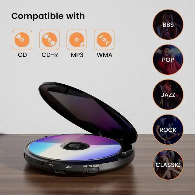 Alt view image 3 of 7 - Portable CD Player with Headphone, Hernido Rechargeable CD Player for car, Compact CD Walkman with 5 EQ Sounds, AUX Output, Anti-Skip, CD Player for Home & Travel Discman Kpop Player