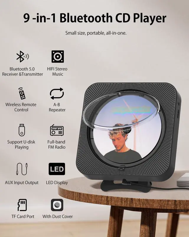 Alt view image 2 of 7 - CD Player Portable Bluetooth Desktop CD Player for Home, Mini Cute CD Players for Kids, Built-in Dual Speakers and LED Display with Remote Control, Supports CD/FM Radio/USB/AUX/Timer/Repeat (Black)